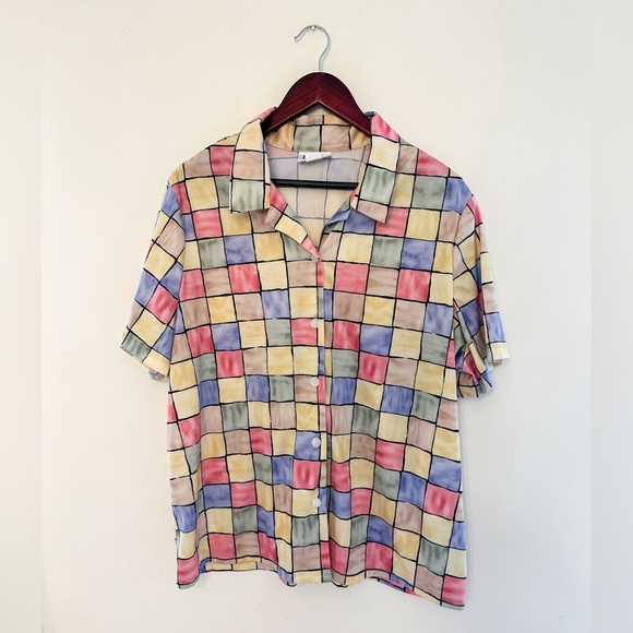 Vintage Retro Pastel Checkered Women’s Blouse - Picture 1 of 4